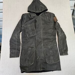 Vintage Black Denim Hooded Coat Leather Patch Stars Unique One Of A Kind